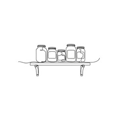 Glass jars on kitchen shelf in black and white line drawing