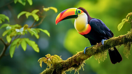 Obraz premium Vibrant tropical toucan bird perched on a branch surrounded by pink flowers with a blurred blue jungle background