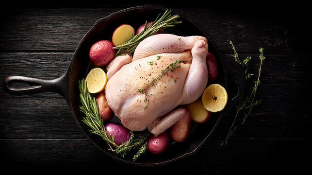A whole raw free range chicken rests in a rustic skillet, surrounded by colorful potatoes, fresh herbs, and lemon slices, creating a vibrant display of fresh ingredients ready for cooking