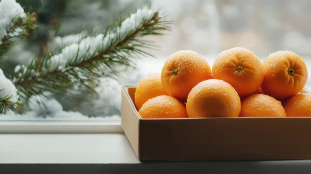 Box of fresh oranges near a window with snow covered pine branch on a winter day