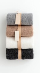 A neat stack of four rolled blankets in different neutral colors, each secured with a paper band and a blank gift tag.