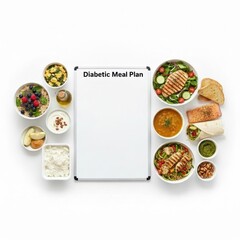 Diabetic meal plan concept balanced healthy food composition with lean protein, vegetables, fruits, nuts, and whole grains around blank board for diet planning. Concept of nutrition, diabetes control,