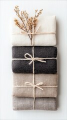 A vertical stack of five folded textiles in varying neutral tones, each tied with rustic twine, topped with a sprig of dried flowers.