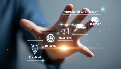 Hand reaching towards home business roadmap icons planning branding marketing and delivery