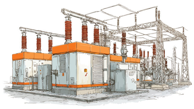 Modern Electrical Substation Vector Outline Isolated on White Background