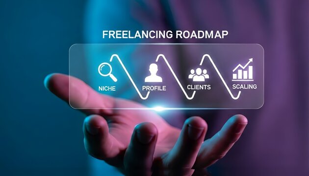 Hand holding a transparent screen displaying the freelancing roadmap concept steps