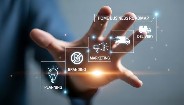 Hand reaching towards home business roadmap icons planning branding marketing and delivery