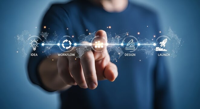 Man touching digital interface with idea workflow design and launch icons displayed - Powered by Adobe