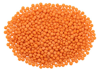 Isolated pile of red split lentils, plant based protein, cooking ingredient in studio shot