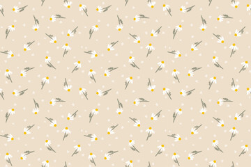 Vector chamomile pattern background. Hand drawn white flowers and love hearts on beige backdrop. Floral cute print for summer wallpaper, fashion print design, textile, decoration, wrapping paper.