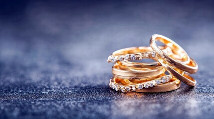 A close-up shot of a stack of gold rings, some adorned with small diamonds, resting on a dark, textured surface.