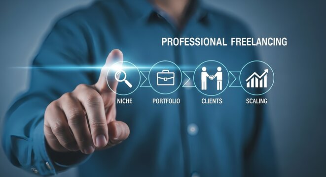Man touching professional freelancing steps niche portfolio clients and scaling icons