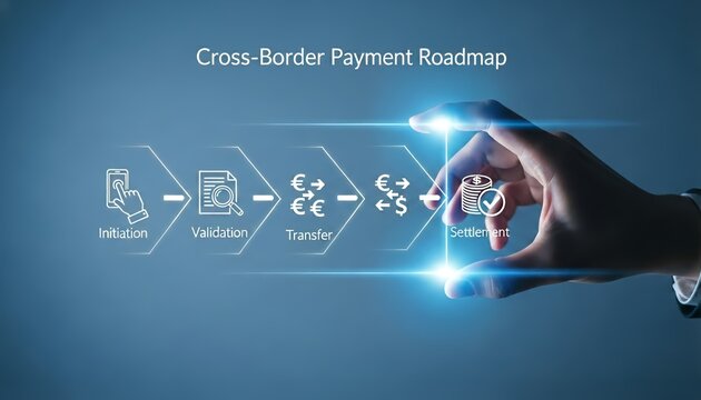Cross border payment roadmap showing initiation validation transfer and settlement steps - Powered by Adobe