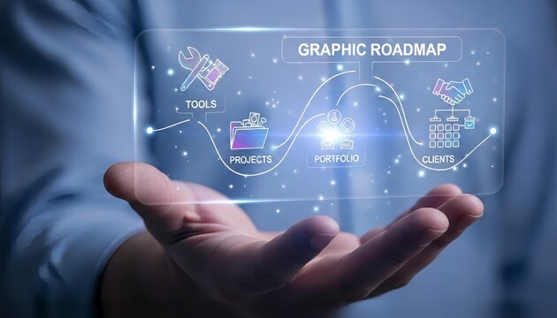Person holding a transparent screen displaying a graphic roadmap with icons and text