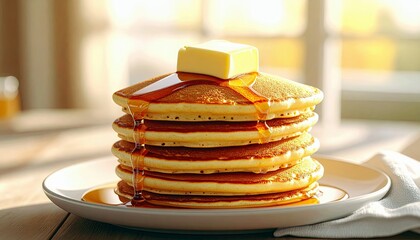A close-up shot of a stack of fluffy, golden brown pancakes topped with a pat of melting butter and rich, amber syrup.