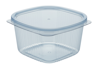Isolated clear plastic square food container with lid; ready to store leftovers or takeaway