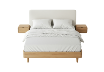 Isolated bed with headboard and bedside tables, modern platform furniture, no people