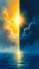Fototapeta premium Radiant light divides day and shadow over ocean with painterly effect, suggesting genesis, dramatic contrast, and swirling energy. Represents beginnings, creation and possibility,