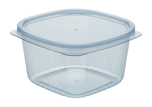 Isolated clear plastic square food container with lid; ready to store leftovers or takeaway