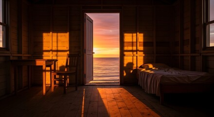 Empty beach cabin interior with open door to sunset over ocean, warm tones and strong silhouette shadows — no person.