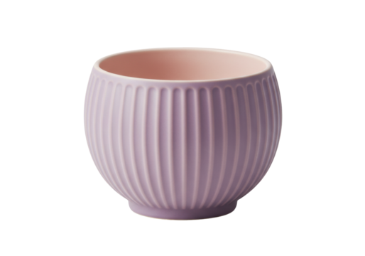 Isolated decorative bowl with vertical ridges, light-purple vessel for plants or small items