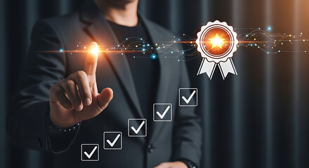 Quality Assurance Process with Checklist and Man in Suit Touching Screen