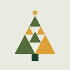 Minimalist Christmas tree with olive green and mustard yellow triangles in mid century modern style