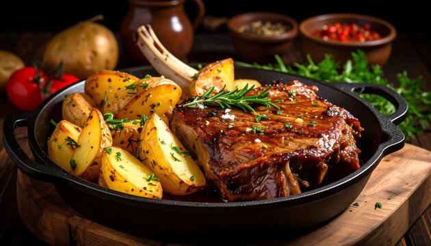 Juicy steak and potato wedges, garnished with herbs, on a skillet, sitting on a rustic wood board
