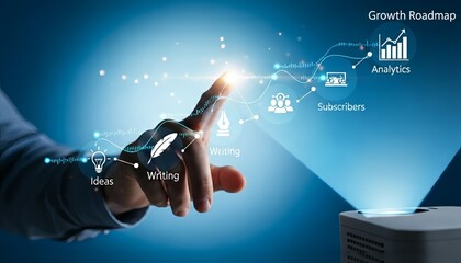 Hand interacting with projected growth roadmap including ideas writing and analytics