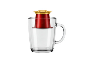 Isolated red and gold Nespresso coffee capsule in a clear mug filled with water or milk