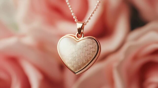 Close up shot displays a heart shaped locket pendant on a delicate chain necklace with a soft focus floral background