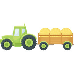 Obraz premium Green Tractor Pulling A Wagon Full Of Hay Bales In A Field On A Sunny Day