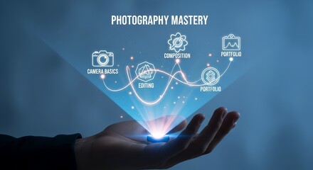 Hand holding a photography mastery hologram with camera basics and editing skills