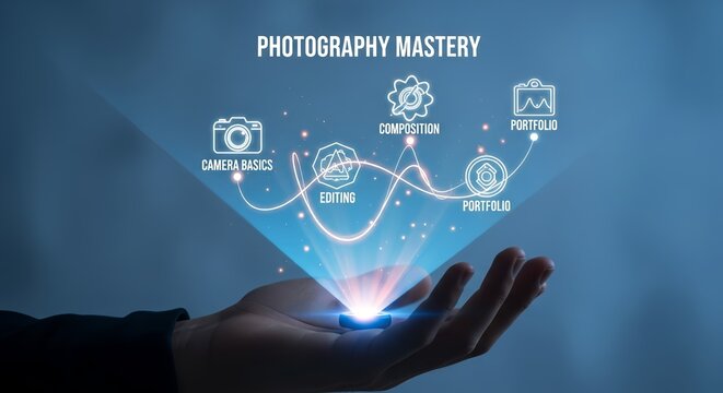 Hand holding a photography mastery hologram with camera basics and editing skills