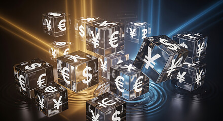 Global currency cubes with dynamic lighting on reflective surface