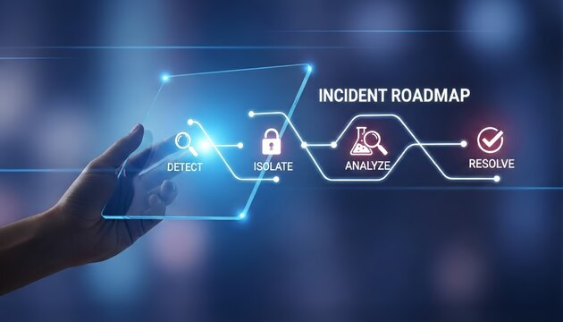 Hand interacting with incident roadmap interface on a blue gradient background