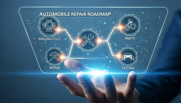 Hand holding automobile repair roadmap interface with diagnostics repair and testing