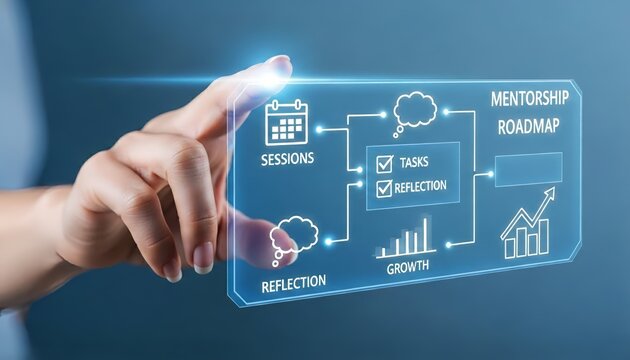 Hand touching a mentorship roadmap interface with sessions tasks and growth icons