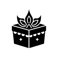 Simple black silhouette of a decorated present box with ornate top.