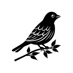 Black bird perched on branch, classic minimalist graphic icon