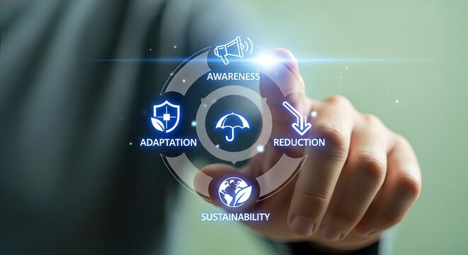 Hand touching a digital display showing awareness adaptation reduction and sustainability