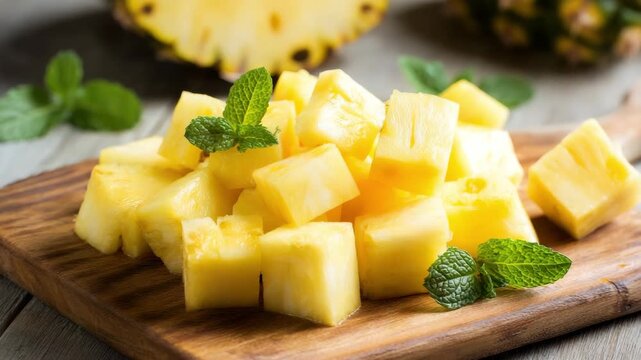 Pineapple chunks arranged on a wooden board with mint leaves sitting on a wooden surface viewed in close up