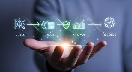 Hand holding digital icons representing detect isolate analyze and resolve process