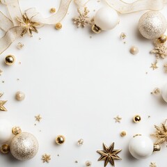 Fototapeta premium Elegant holiday frame featuring golden stars, baubles, and ribbons on a white background, ideal for seasonal greeting cards and festive designs.