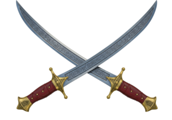 Isolated Pair of decorative scimitars crossed, with gold inlay and red handles, antique weapons