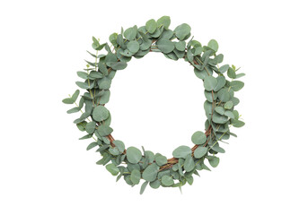 Obraz premium Isolated green eucalyptus wreath on background, spring decoration, round frame