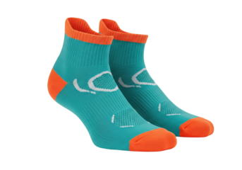 Isolated pair of turquoise socks with orange cuffs and toes, sporty running gear, apparel