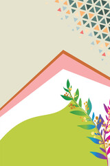 Contemporary Abstract Background with Geometric Triangle Accents and Green Color Blocks Modern Design with Colorful Foliage Illustration