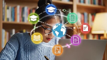 Focused Person Working on Laptop with Online Learning Icons, 4K