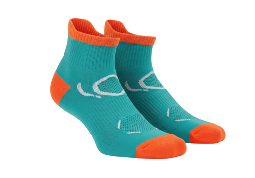 Isolated pair of turquoise socks with orange cuffs and toes, sporty running gear, apparel